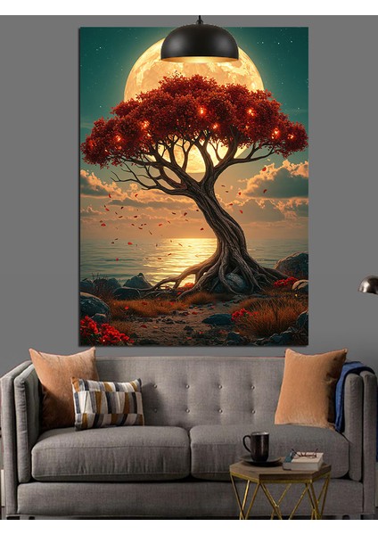 Güneş Altında Kırmızı Ağaç Dekoratif Kanvas - Mdf Ahşap Tablo
