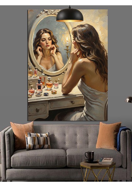 Aynada Kendine Bakan Kadın Dekoratif Kanvas - Mdf Ahşap Tablo