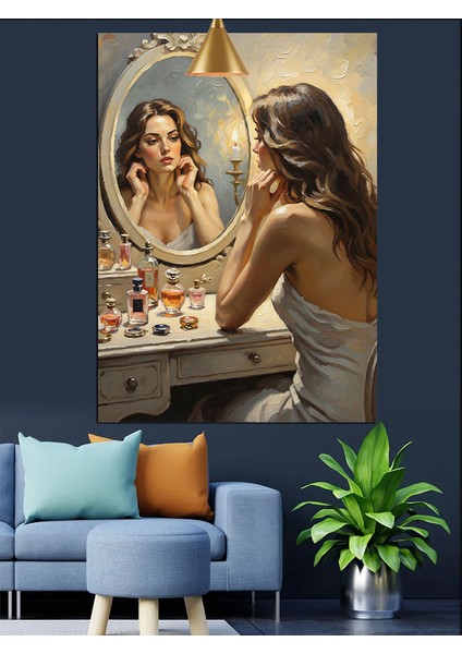 Aynada Kendine Bakan Kadın Dekoratif Kanvas - Mdf Ahşap Tablo fiyatları