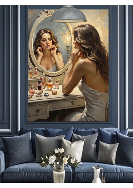 Aynada Kendine Bakan Kadın Dekoratif Kanvas - Mdf Ahşap Tablo indirimleri