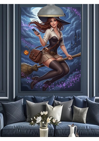 Süpürgeli Seksi Tatlı Cadı Kadın Dekoratif Kanvas - Mdf Ahşap Tablo