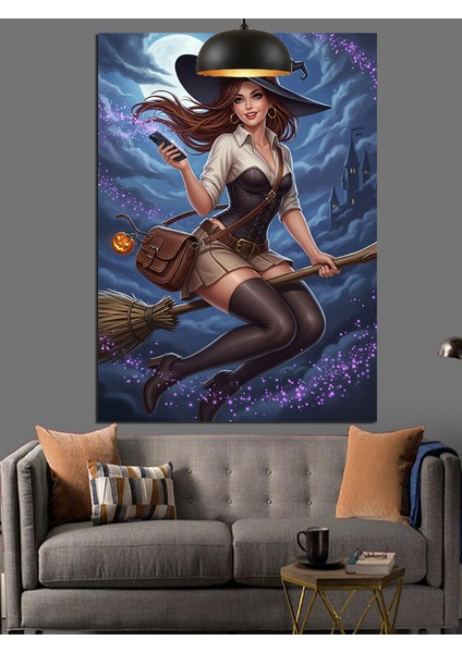 Süpürgeli Seksi Tatlı Cadı Kadın Dekoratif Kanvas - Mdf Ahşap Tablo fiyatları