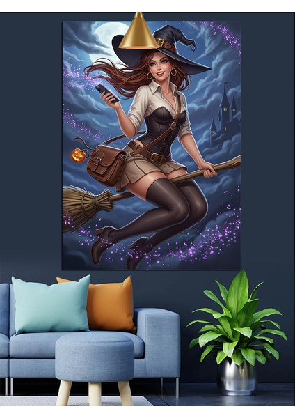 Süpürgeli Seksi Tatlı Cadı Kadın Dekoratif Kanvas - Mdf Ahşap Tablo modelleri