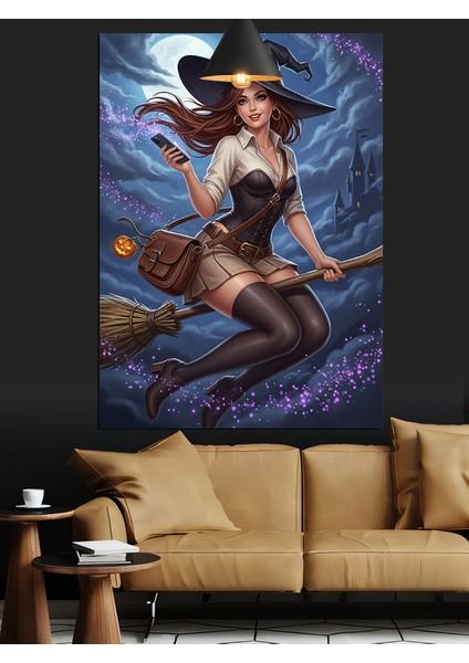 Süpürgeli Seksi Tatlı Cadı Kadın Dekoratif Kanvas - Mdf Ahşap Tablo fırsatları