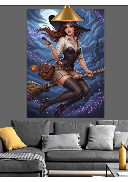 Süpürgeli Seksi Tatlı Cadı Kadın Dekoratif Kanvas - Mdf Ahşap Tablo indirimleri