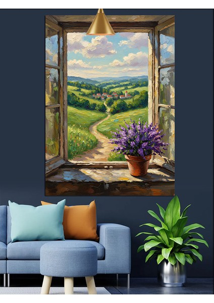 Yeşil Çayırlıkta Patika Yolu Pencereden Dekoratif Kanvas - Mdf Ahşap Tablo