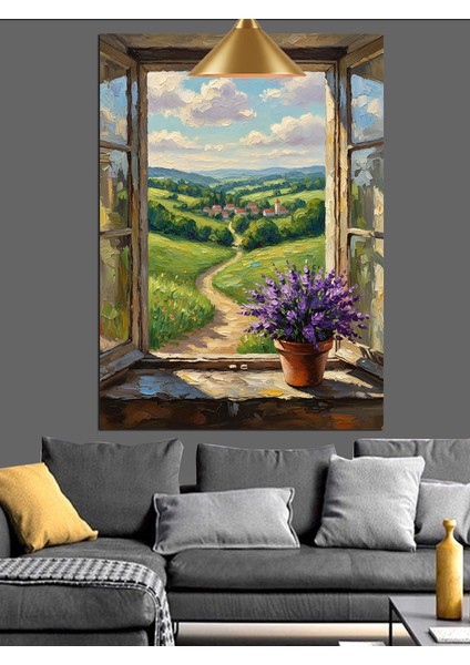 Yeşil Çayırlıkta Patika Yolu Pencereden Dekoratif Kanvas - Mdf Ahşap Tablo modelleri