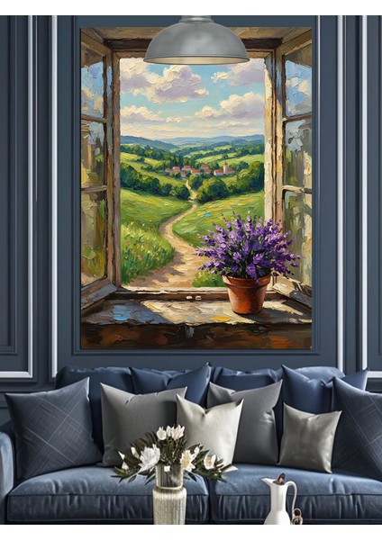 Yeşil Çayırlıkta Patika Yolu Pencereden Dekoratif Kanvas - Mdf Ahşap Tablo fırsatları