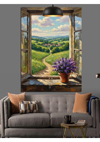 Yeşil Çayırlıkta Patika Yolu Pencereden Dekoratif Kanvas - Mdf Ahşap Tablo indirimleri