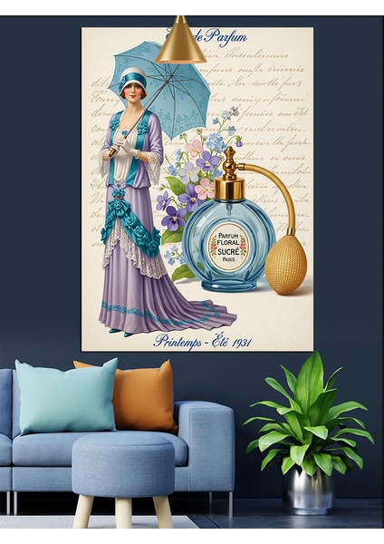 Retro Şemsiyeli Kadın ve Parfüm Şişesi Dekoratif Kanvas - Mdf Ahşap Tablo