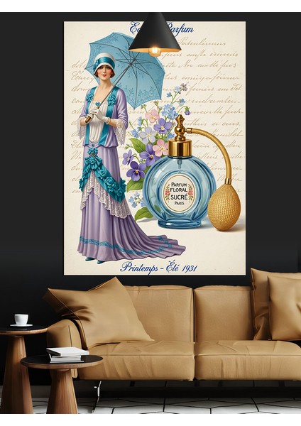 Retro Şemsiyeli Kadın ve Parfüm Şişesi Dekoratif Kanvas - Mdf Ahşap Tablo fiyatları