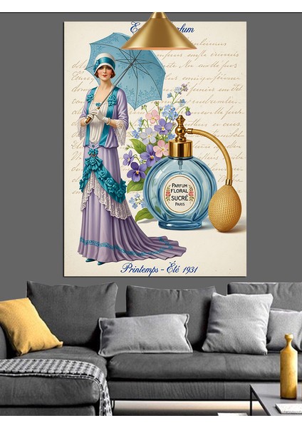 Retro Şemsiyeli Kadın ve Parfüm Şişesi Dekoratif Kanvas - Mdf Ahşap Tablo modelleri