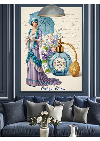 Retro Şemsiyeli Kadın ve Parfüm Şişesi Dekoratif Kanvas - Mdf Ahşap Tablo fırsatları