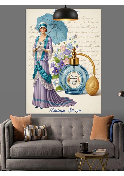 Retro Şemsiyeli Kadın ve Parfüm Şişesi Dekoratif Kanvas - Mdf Ahşap Tablo indirimleri