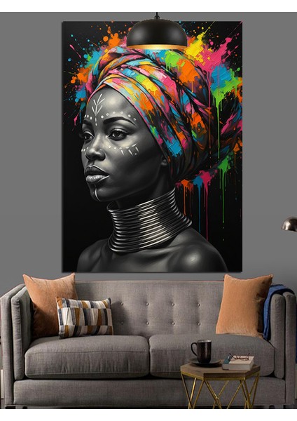 Renkli Başlıklı Siyah Afrika Kadın Portresi Dekoratif Kanvas - Mdf Ahşap Tablo