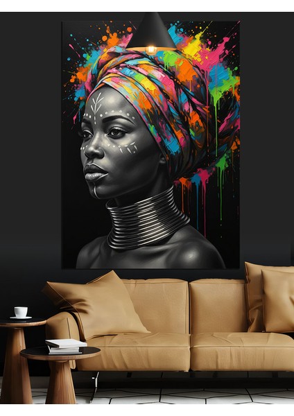 Renkli Başlıklı Siyah Afrika Kadın Portresi Dekoratif Kanvas - Mdf Ahşap Tablo modelleri