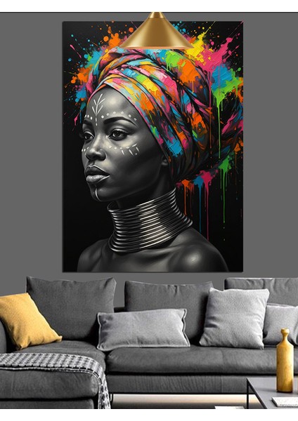 Renkli Başlıklı Siyah Afrika Kadın Portresi Dekoratif Kanvas - Mdf Ahşap Tablo fırsatları