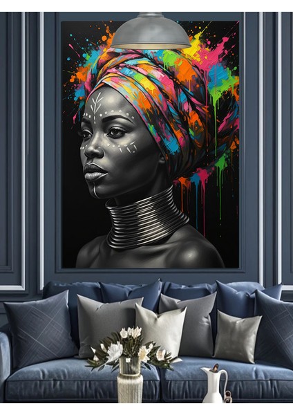 Renkli Başlıklı Siyah Afrika Kadın Portresi Dekoratif Kanvas - Mdf Ahşap Tablo indirimleri