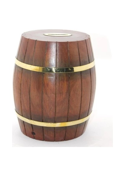 Pirinç Ahşap Fıçı Kumbara 18 cm