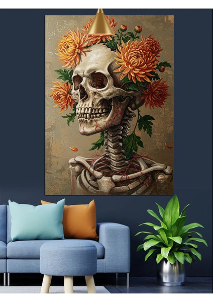 Çiçekli Kuru Kafa Resmi Dekoratif Kanvas - Mdf Ahşap Tablo