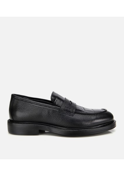 02AYH315320A100 ERKEK Deri Siyah Kroko Detaylı Klasik Loafer