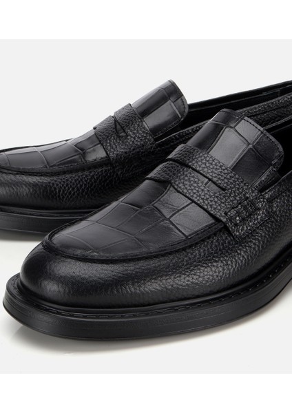 02AYH315320A100 ERKEK Deri Siyah Kroko Detaylı Klasik Loafer modelleri
