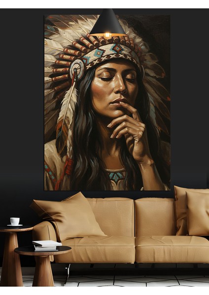 Kızılderili Kadın Başlık Portresi Dekoratif Kanvas - Mdf Ahşap Tablo