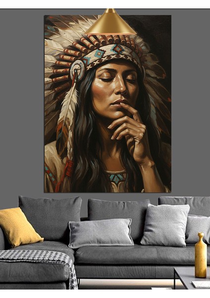 Kızılderili Kadın Başlık Portresi Dekoratif Kanvas - Mdf Ahşap Tablo fiyatları