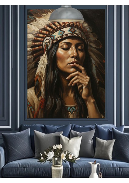 Kızılderili Kadın Başlık Portresi Dekoratif Kanvas - Mdf Ahşap Tablo modelleri