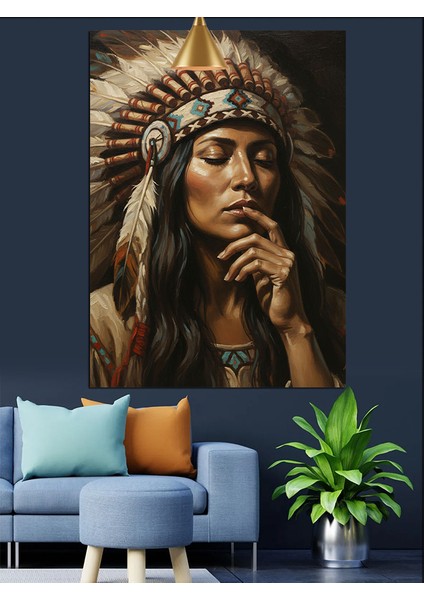 Kızılderili Kadın Başlık Portresi Dekoratif Kanvas - Mdf Ahşap Tablo indirimleri