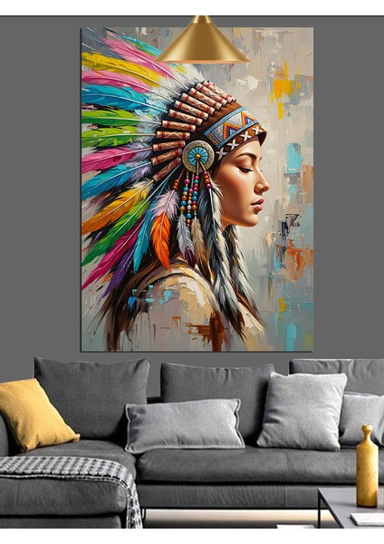 Kızılderili Başlıklı Kadın Portresi Dekoratif Kanvas - Mdf Ahşap Tablo