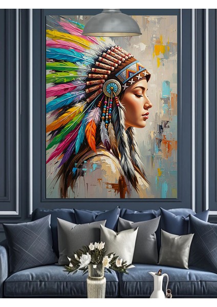 Kızılderili Başlıklı Kadın Portresi Dekoratif Kanvas - Mdf Ahşap Tablo fiyatları