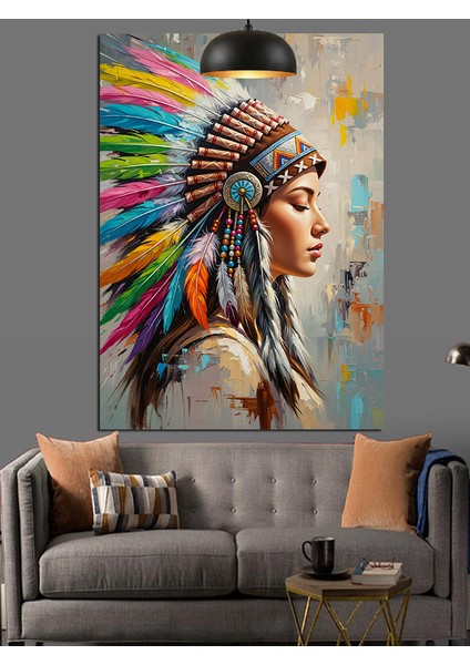 Kızılderili Başlıklı Kadın Portresi Dekoratif Kanvas - Mdf Ahşap Tablo modelleri