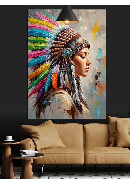 Kızılderili Başlıklı Kadın Portresi Dekoratif Kanvas - Mdf Ahşap Tablo indirimleri