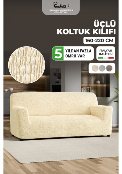 Lastikli Esnek ve Yıkanabilir Piliseli Vanilya 3 Kişilik Koltuk Örtüsü