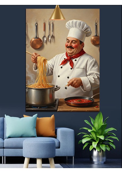 Şef Aşçı Spagetti Yapıyor Dekoratif Kanvas - Mdf Ahşap Tablo