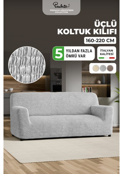 Lastikli Esnek ve Yıkanabilir Piliseli Açık Gri 3 Kişilik Koltuk Örtüsü