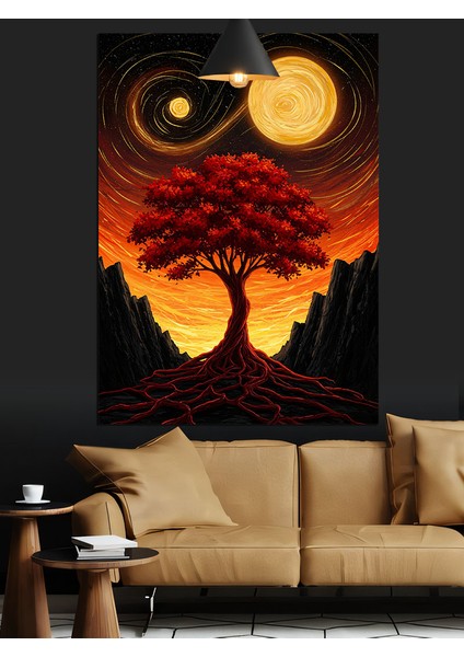 Dolunay ve Kırmızı Ağaç Döngüsel Sanat Dekoratif Kanvas - Mdf Ahşap Tablo