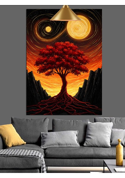 Dolunay ve Kırmızı Ağaç Döngüsel Sanat Dekoratif Kanvas - Mdf Ahşap Tablo fiyatları