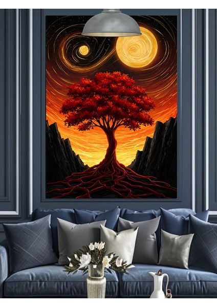 Dolunay ve Kırmızı Ağaç Döngüsel Sanat Dekoratif Kanvas - Mdf Ahşap Tablo modelleri