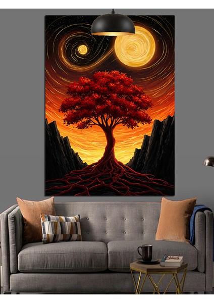 Dolunay ve Kırmızı Ağaç Döngüsel Sanat Dekoratif Kanvas - Mdf Ahşap Tablo fırsatları