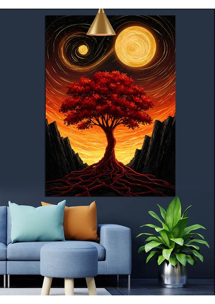 Dolunay ve Kırmızı Ağaç Döngüsel Sanat Dekoratif Kanvas - Mdf Ahşap Tablo indirimleri