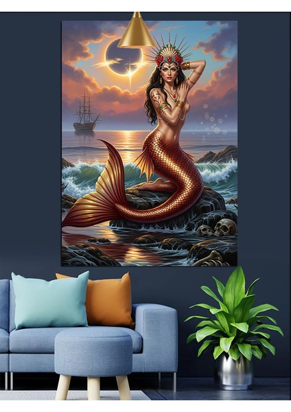 Kayalıktaki Parlak Kuyruklu Deniz Kızı Gece Dekoratif Kanvas - Mdf Ahşap Tablo