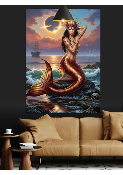 Kayalıktaki Parlak Kuyruklu Deniz Kızı Gece Dekoratif Kanvas - Mdf Ahşap Tablo fiyatları