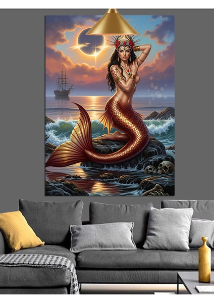 Kayalıktaki Parlak Kuyruklu Deniz Kızı Gece Dekoratif Kanvas - Mdf Ahşap Tablo modelleri