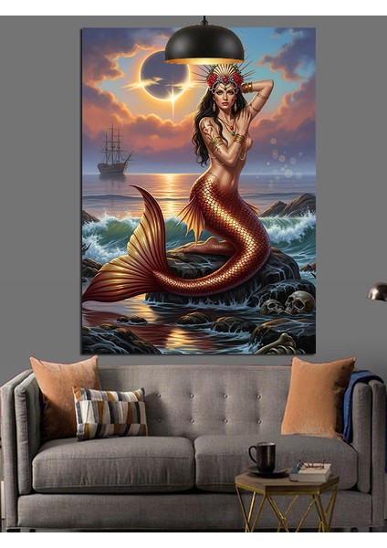 Kayalıktaki Parlak Kuyruklu Deniz Kızı Gece Dekoratif Kanvas - Mdf Ahşap Tablo indirimleri