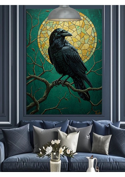 Mozaik Dolunay ve Daldaki Siyah Karga Figürü Dekoratif Kanvas - Mdf Ahşap Tablo