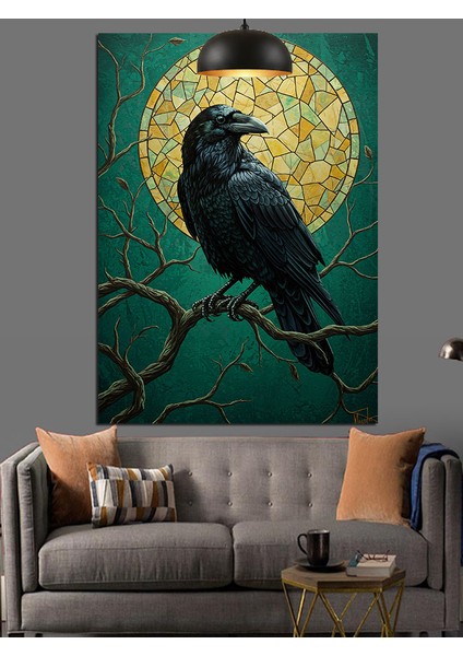 Mozaik Dolunay ve Daldaki Siyah Karga Figürü Dekoratif Kanvas - Mdf Ahşap Tablo fiyatları