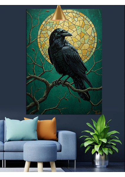 Mozaik Dolunay ve Daldaki Siyah Karga Figürü Dekoratif Kanvas - Mdf Ahşap Tablo modelleri
