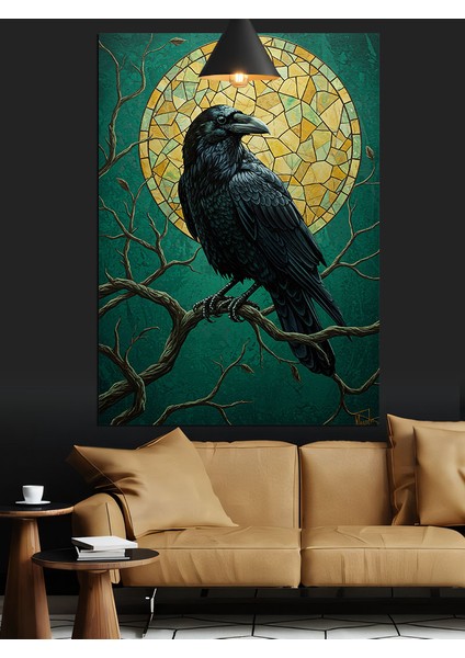 Mozaik Dolunay ve Daldaki Siyah Karga Figürü Dekoratif Kanvas - Mdf Ahşap Tablo fırsatları